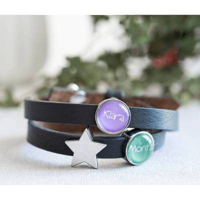 Personalisierbares Armband aus Leder mit Metallschieber und Glascabochon - Geschenk Einschulung, Taufe, Kommunion