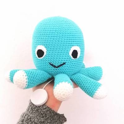 Spieluhr gehäkelt, Octopus / Krake, Blau, Melodieauswahl, Wasserdicht, 100 % Baumwolle, Geschenk für Taufe, Weihnachten