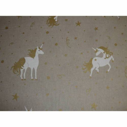 12,10 EUR/m Canvas Dekostoff - Einhörner weiß, gold auf natur / hellbeige, Einhorn