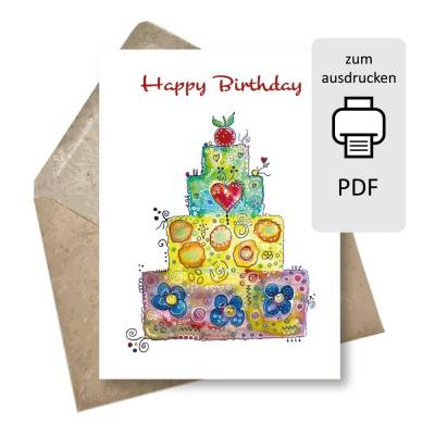 Geburtstagskarte Happy Birthday mit Torte zum Ausdrucken – Digitale Glückwunschkarte DIN A6
