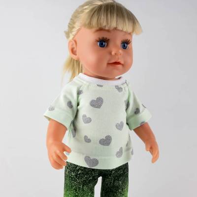 Glitter-Herzen in Silber, T-Shirt für Puppen, Foliendruck "Herzen", Gr. 40-43 cm