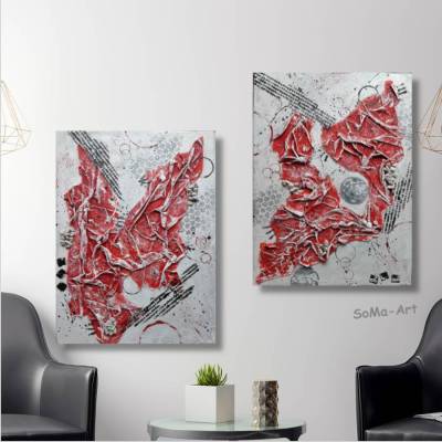 Original Acrylbild Duo als tiefe Papiercollage auf Keilrahmen in kräftigem Rot, Wohnraumdekoration, Wandkunst,