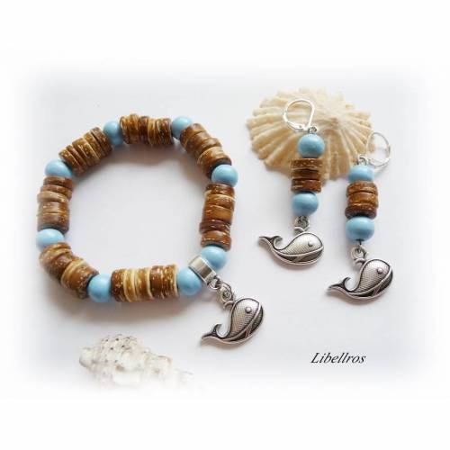 Schmuckset: Dehnbares Armband und Ohrhänger mit Walanhänger - Ohrringe - modisch,maritim,sportlich - blau,braun/karamell