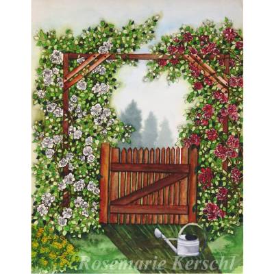 Rosengarten Aquarellbild mit Tusche handgemalt – 40 x 30 cm Hochformat – Unikat von Galerie Kerschl