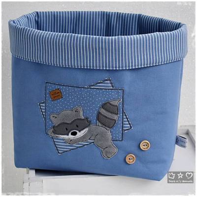 Utensilo blau/weiß mit Doodlestickerei Waschbär