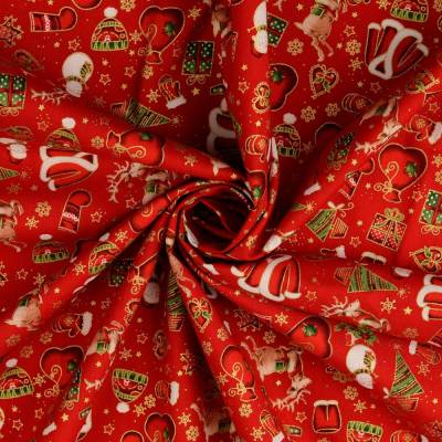 Weihnachtsstoff Baumwolle Popeline Rentier Geschenk Weihnachtsbaum rot (1m/10,-€)