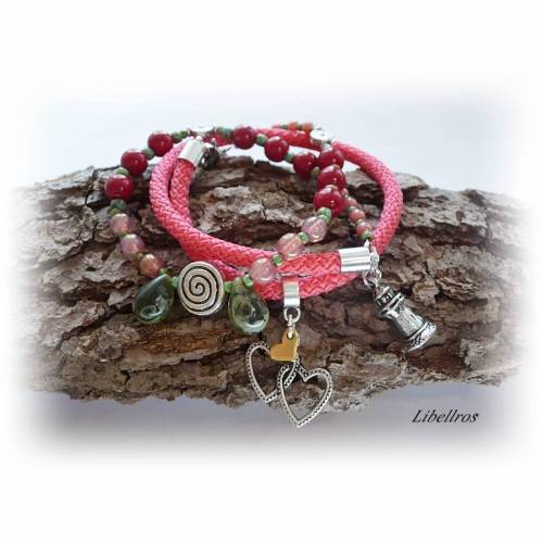 Wickelarmband aus Segelseil u. Perlen mit Leuchtturm - maritim,trendy,modisch,verspielt - pink,dunkelrot,grün,