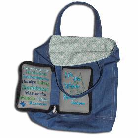 Upcycling faltbare Einkaufs-Tasche Jeanstasche Einkaufsbeutel Shopper mit gestickten Orten deiner Heimat
