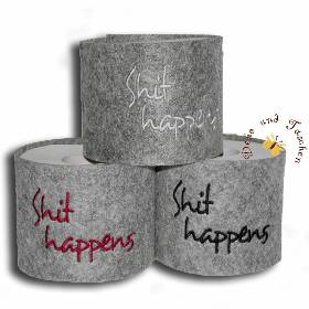 Bestickte Banderole für Toilettenpapier Shit happens grau-meliert witzige Geschenkidee mit Monogramm