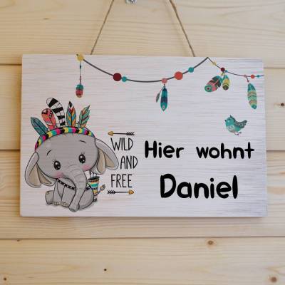Türschild für Kinderzimmer, Kinderzimmerschild, Namensschild aus Holz personalisiert mit Name, Motiv: Wild and Free Elefant