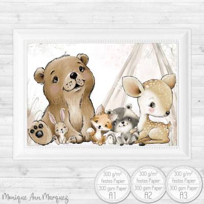 Kinderzimmer Bilder (A3) Babyzimmer Poster Waldtiere Tiere Boho Kinderbild | A3