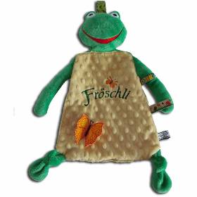 Knistertuch Schmusetuch Stofftier Frosch personalisiert mit besticktem Namen aus kuschelweichem Plüsch hochwertige Qualität