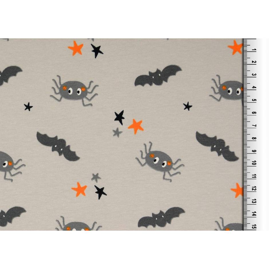 Rest:1,55m x1,50m Baumwolljersey Halloween, Spinnen und Fledermäuse grau Bild 1