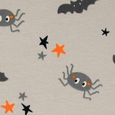 Rest:1,55m x1,50m Baumwolljersey Halloween, Spinnen und Fledermäuse grau