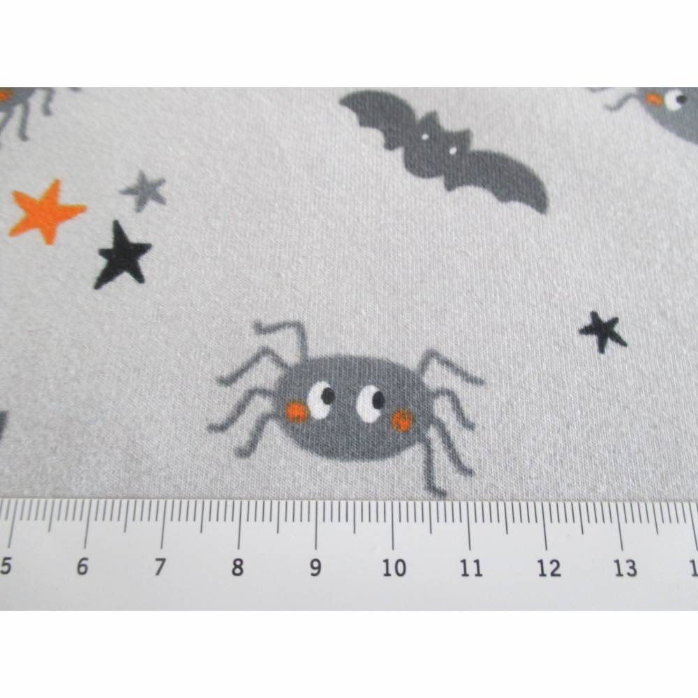 Rest:1,55m x1,50m Baumwolljersey Halloween, Spinnen und Fledermäuse grau Bild 3