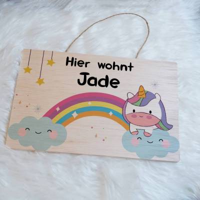Türschild für Kinderzimmer, Kinderzimmerschild, Namensschild aus Holz personalisiert mit Name, Motiv: Regenbogen und Einhorn