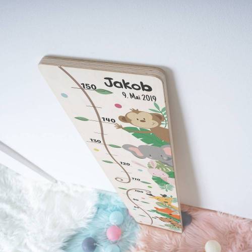 Holz - Messleiste für Kinder, personalisiert mit Name und Datum, Motiv: Waldtiere