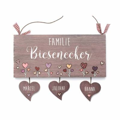 Personalisiertes Türschild Familie mit Namen & Herzanhänger – Handgemachtes Haustürschild mit Herzblumen handgemalt, individuelles Holzschild als perfektes Familiengeschenk