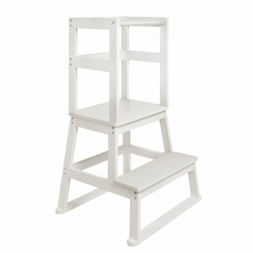 BOMI Vario Lernturm Kinder Schemel Swubi Weiss und Holz I Lerntower für Kinder ab dem Stehalter | Tower Küche Kindermöbel Learning Tower