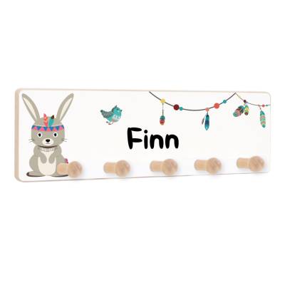 Kindergarderobe mit Name, Hakenleiste für Kinder, personalisierte Garderobenleiste mit 4 oder 5 Haken, Motiv: Hase