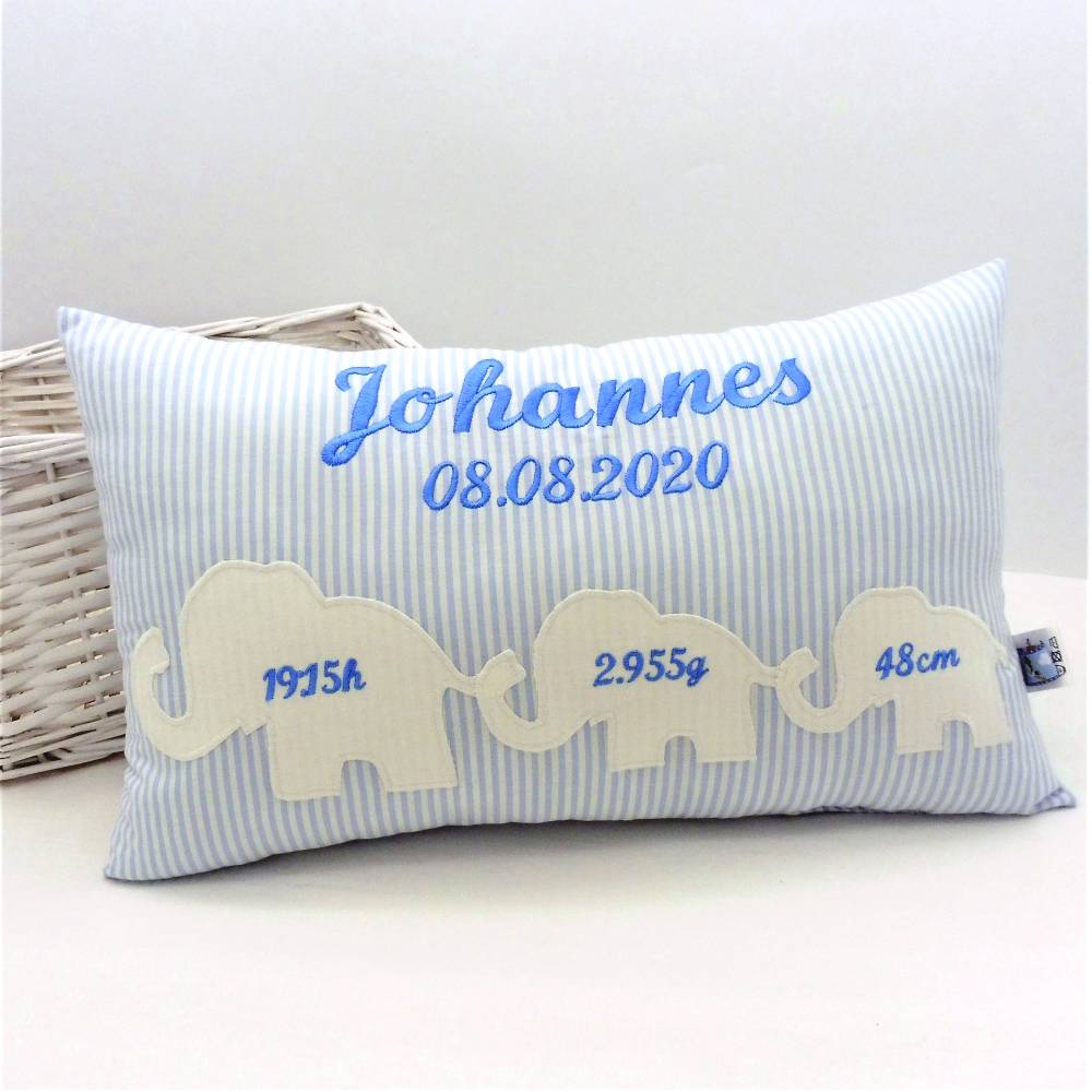 Personalisiertes Geburtskissen mit Name & Daten – Elefant, Geschenk zur Geburt & Taufe, 25x40cm, viele Farben Bild 1