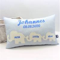 Personalisiertes Geburtskissen mit Name & Daten – Elefant, Geschenk zur Geburt & Taufe, 25x40cm, viele Farben