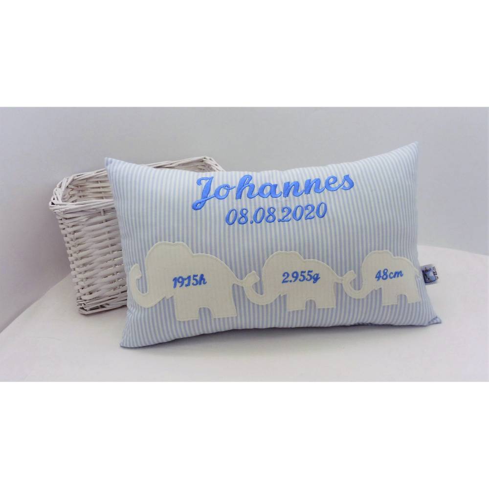 Personalisiertes Geburtskissen mit Name & Daten – Elefant, Geschenk zur Geburt & Taufe, 25x40cm, viele Farben Bild 2