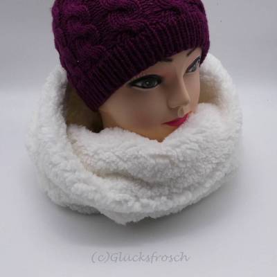 Kinder Kuschelschal, Schlauchschal, aus Wellnessfleece in weiß, naturweiß, schäfchenweicher Teddyfleece, Kuschelfleece, Winter, Weihnachten