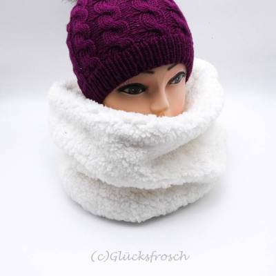 Kuschelschal, Schlauchschal, aus Wellnessfleece in weiß, naturweiß, schäfchenweicher Teddyfleece, Kuschelfleece, Winter, Weihnachten