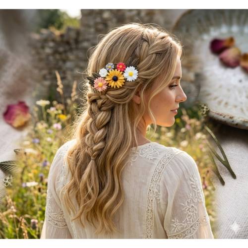 Haarkamm Vintage-Stil bronzefarben – Bunte Margariten & Hippie-Flower-Power