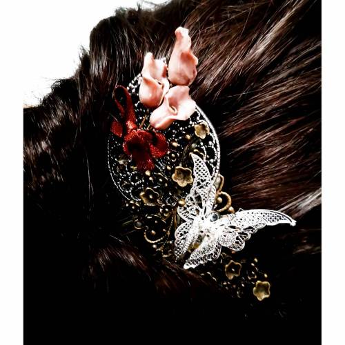 Haarkamm im Vintage-Stil mit Korallen-Callas, bicolor