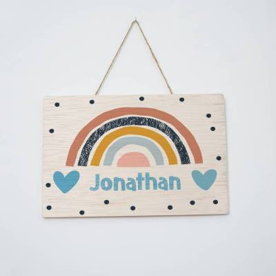 Türschild für Kinderzimmer, Kinderzimmerschild für Jungen und Mädchen, Namensschild aus Holz personalisiert mit Name, Motiv: Regenbogen