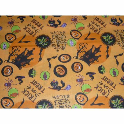 9,80 EUR/m Stoff - Baumwolle Halloween / Kürbis, Fledermaus, Katze, Schloß auf orange