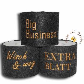 Bestickte Banderolen für Toilettenpapier Big Business schwarz-meliert witzige Geschenkidee lustige Texte Deko Badezimmer