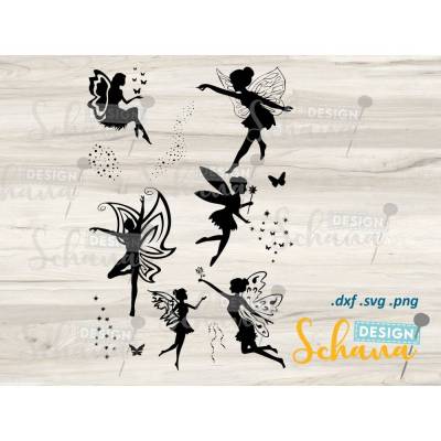 Feen 6-er Set Variation 1 - Plotterdatei - SVG DXF PNG eps Digistamp mit Accessoire Items - Fee Clipart - Wandsticker - Plotter - Bügelbild - Silhouette Fee