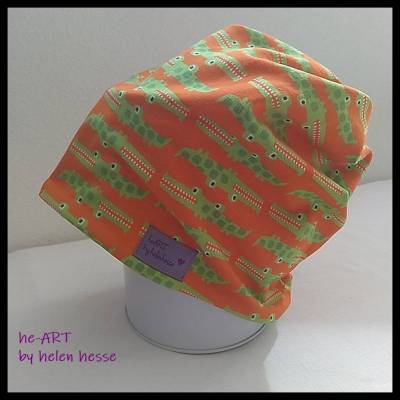 SONDERPREIS WEGEN ABVERKAUF! Beanie-Loop für Kleinkinder - gleichzeitig Mütze und Loop - KU 46, in orange-hellgrün