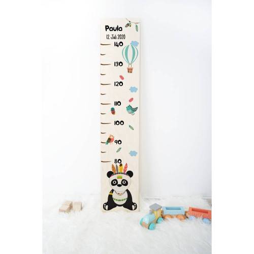 Holz - Messleiste für Kinder, personalisiert mit Name und Datum, Geschenk zur Taufe, Geschenk zur Geburt, Motiv: Pandabär