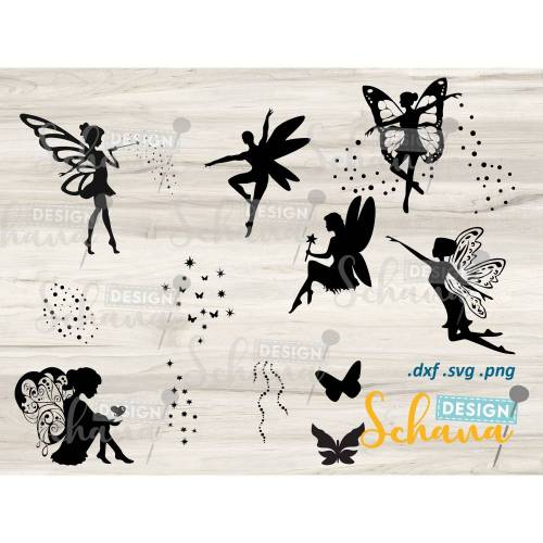 Feen 6-er Set Variation 5 - Plotterdatei - SVG DXF PNG eps Digistamp mit Accessoire Items - Fee Clipart - Wandsticker - Plotter - Bügelbild - Silhouette Fee
