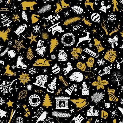 Weihnachten Baumwollstoff gold schwarz weiß – Weihnachtsmotive Sterne Tannenbaum Meterware