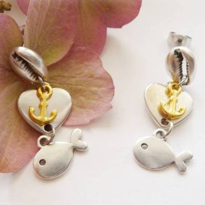 1 Paar Ohrstecker Cowrie Muschel mit Titanstift - Ohrhänger,Ohrringe,Herz,Fisch,Anker,Geschenk - modern,edel,verspielt,maritim - silber-,goldfarben