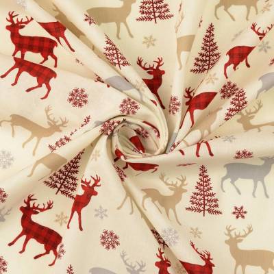 Weihnachtsstoff Baumwolle Popeline Rentier Hirsch Elch Weihnachtsbaum creme (1m/10,-€)
