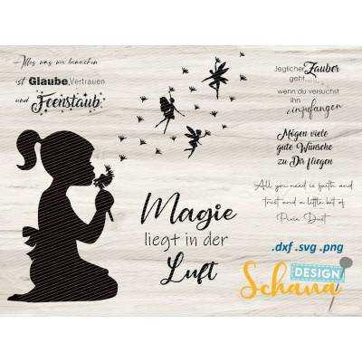 Plotterdatei Feen Pusteblume Wünsche SVG DXF PNG eps Digistamp mit Accessoire Items - Fee Clipart - Wandsticker - Plotter - Bügelbild - Silhouette Fee Magie liegt in der Luft Plotterdatei Feenwunsch Magie