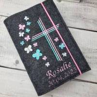 Gotteslobhülle/Gotteslobeinband 3-fach Kreuz mit Schmetterlinge rosa, mint, Kommunion