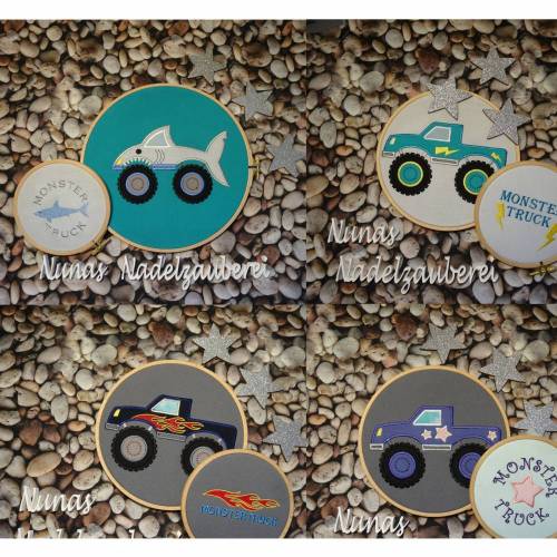 Stickdatei Applikation Nunas Monstertrucks Set 1 Monstertruck mit Flammen, Sternen, Hai und Blitzen. Flamme Stern Blitz