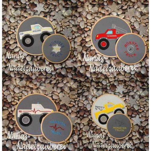 Stickdatei Applikation Nunas Monstertrucks Set 2 Rettungsfahrzeuge Monstertruck als Polizei, Feuerwehr, Rettungswagen/Notarztwagen und Abschleppwagen