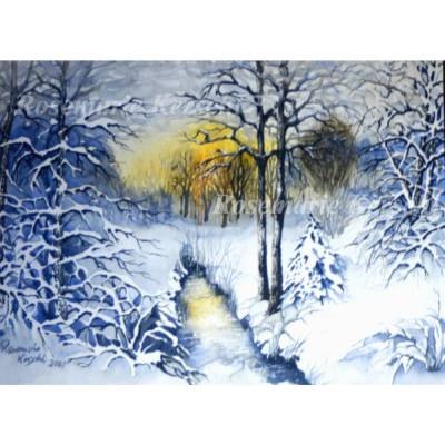 Winterwald Aquarellbild handgemalt Landschaft 30 x 40 cm Querformat Unikat Galerie Rosemarie Kerschl