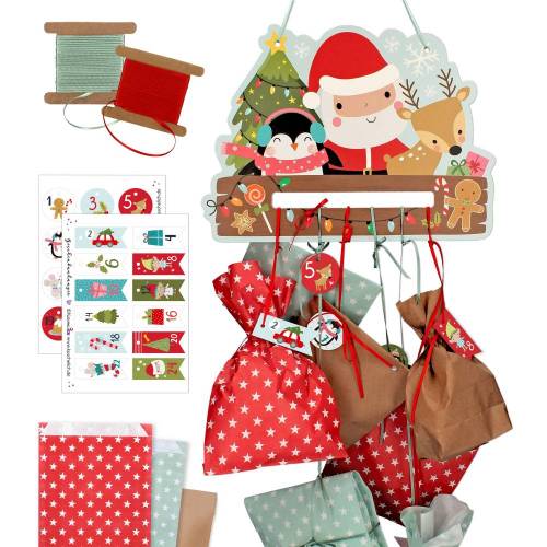 Adventskalender zum Aufhängen und selbst Befüllen Santa - Komplett mit Schnur, Papiertüten & Adventskalenderzahlen
