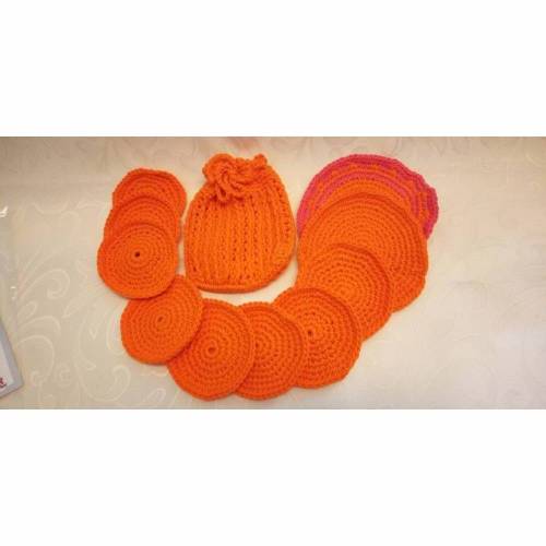 gehäkelte Kosmetikpad/Abschminkpad und Seifensäckchen als Set, wiederverwendbar, Nachhaltig, Reinigungspad, orange