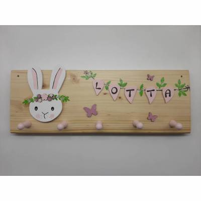 Kindergarderobe Hase, Hasenmädchen, Garderobe, Hakenleiste, Kinderzimmer, Hase, Geschenk, Geburt, Taufe, personalisierbar