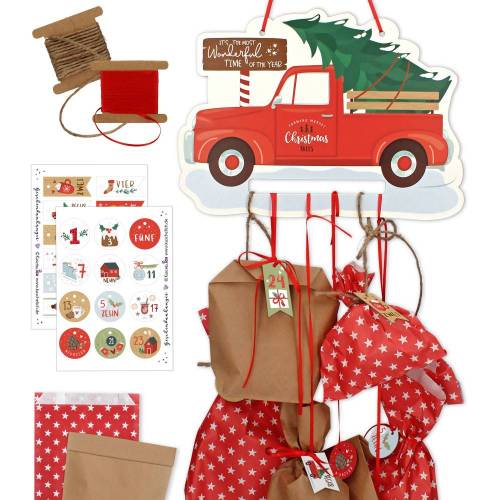 Adventskalender zum Aufhängen und selbst Befüllen X-Mas-Truck - Komplett mit Schnur, Papiertüten & Adventskalenderzahlen